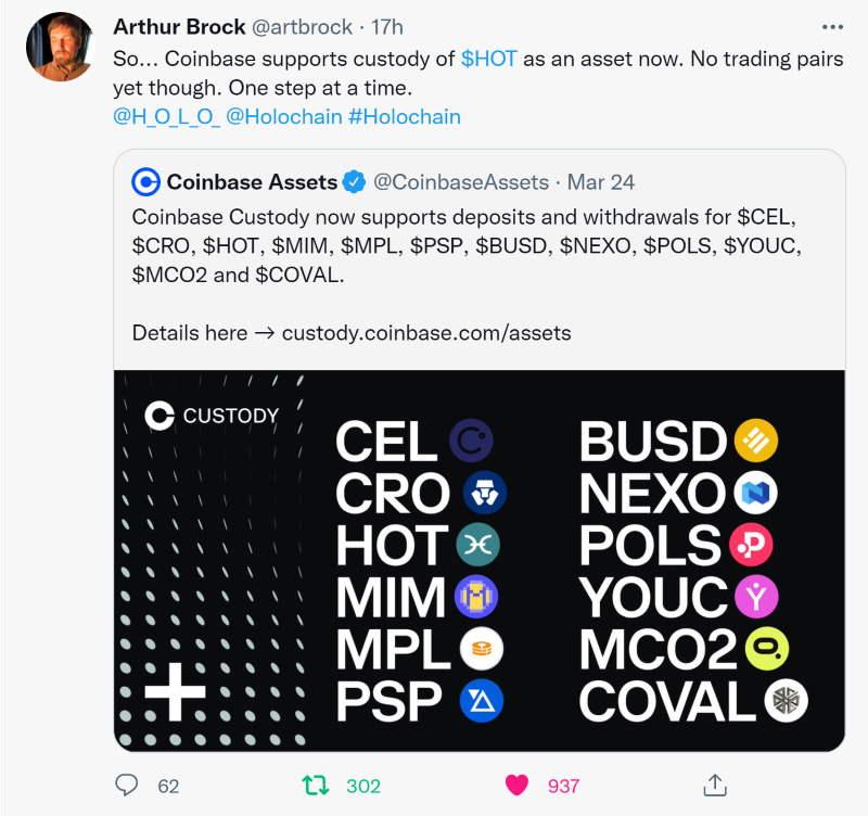 Captura de pantalla del tuit de Arthur Brock sobre la cotización en Coinbase