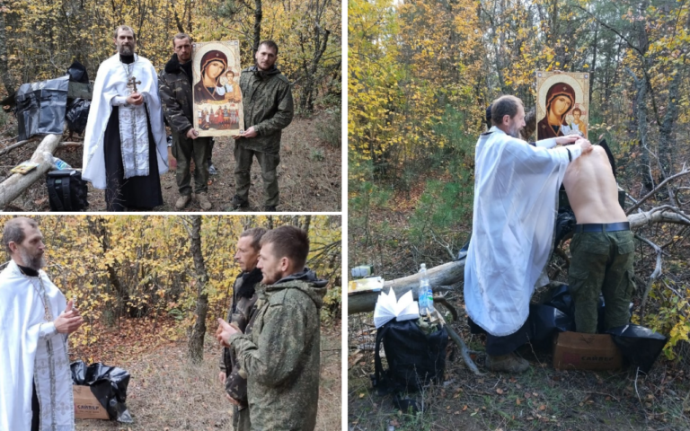 Un sacerdote ruso ha encontrado una forma «novedosa» de bautizar a dos soldados en el frente de Ucrania. Las bolsas mortuorias servían de «fuente de bautismo».