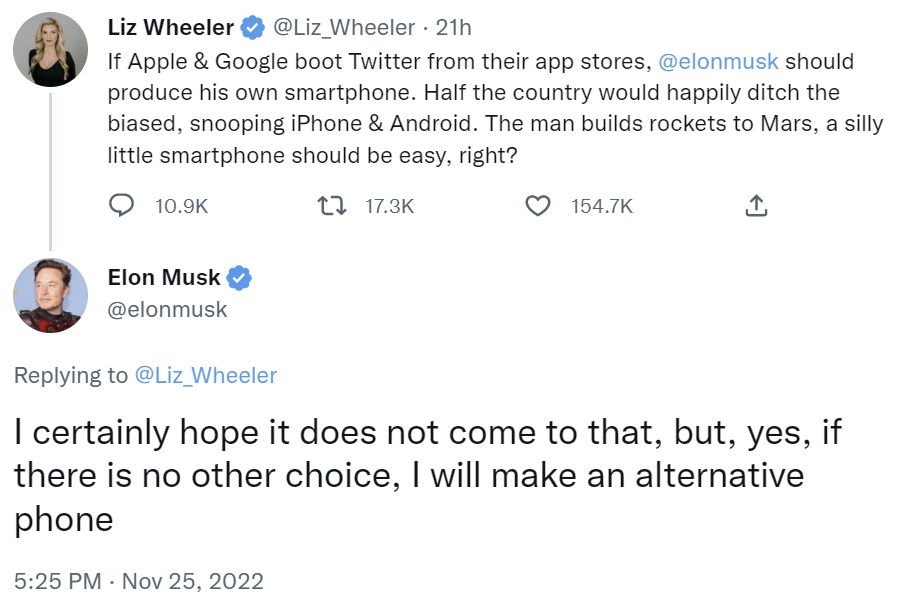 Elon Musk planea lanzar un teléfono alternativo si Apple y Google eliminan Twitter de sus tiendas de aplicaciones.