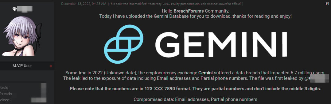 Una filtración de datos de clientes de Gemini se puso a la venta en foros de hackers por 30 BTC en septiembre.